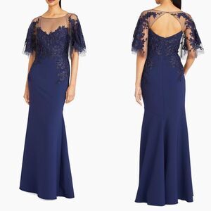 NWT Theia Semi-Sheer Boat Neck Floral-Embroidered Verona Gown Navy Size 12 $1095